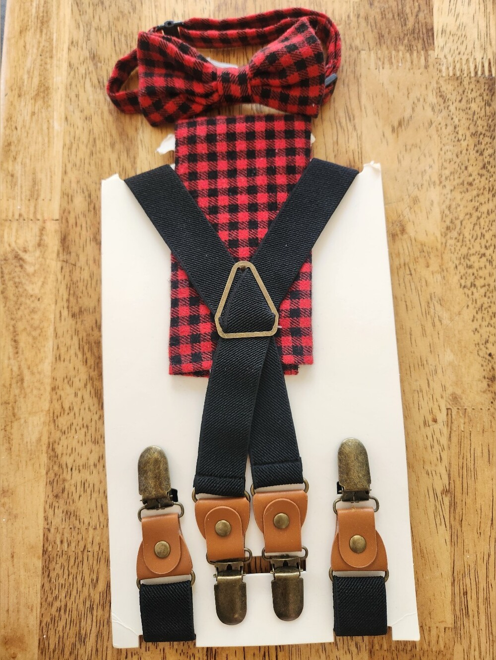 Kids Red and Black Buffalo Plaid Bow Tie with Black Suspenders